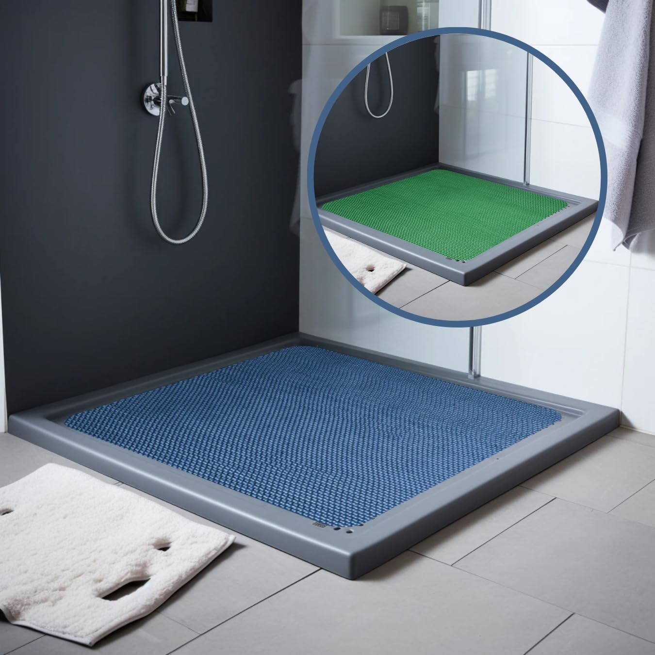 Nicoman Reversible Bath Mat Non Slip Anti Mold, Shower Mat for Tub Bathtub, Anti Slip Shower Mats for Inside Outside, Safety Washable Quick Drying Large Bath Matt (Blue/Green, SQUARE 60x60cm)