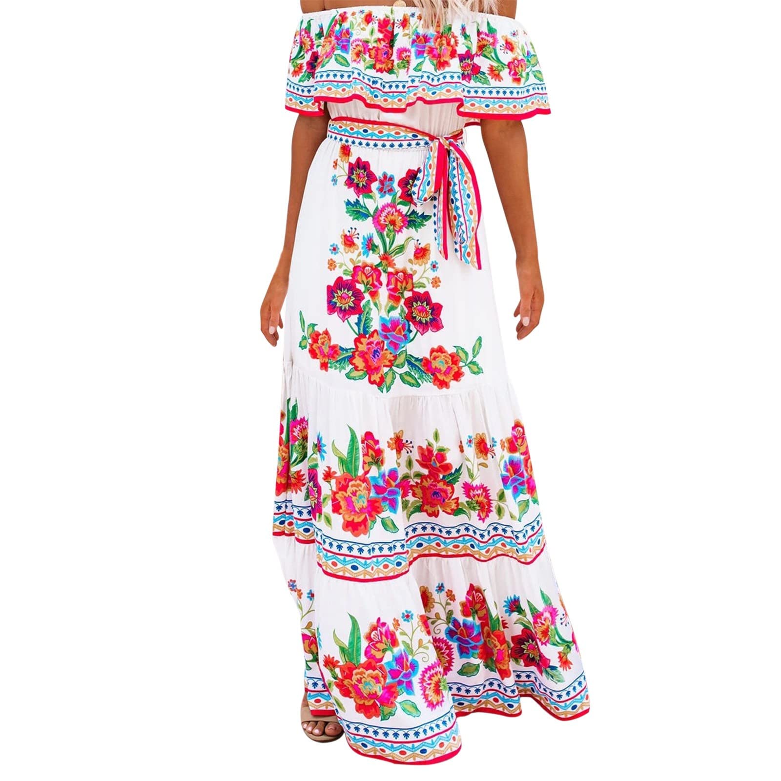 KEIZHUONIQIU Vestido mexicano para mujer, vestido con estampado floral, línea A, largo, maxi, vestido de verano, bohemio, playa, vacaciones, volantes, hombros descubiertos, vestido de fiesta, vestido de verano,