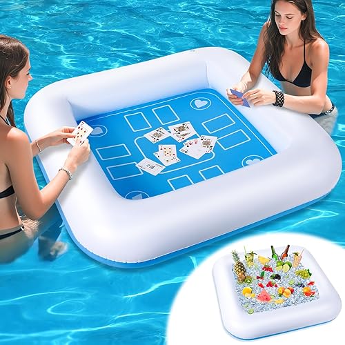 Mesa de juego inflable para piscina con cartas impermeables (35.5 x 35.5 pulgadas, azulblanco)