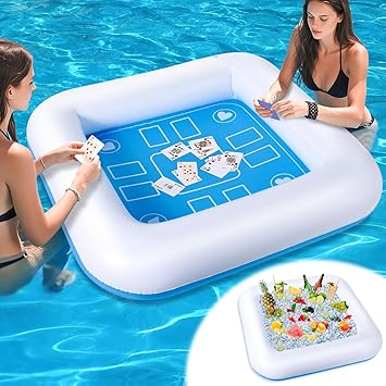 Pool Inflatable Game Table with Waterproof Playing Cards35.5 inches35.5 inches,Blue/White