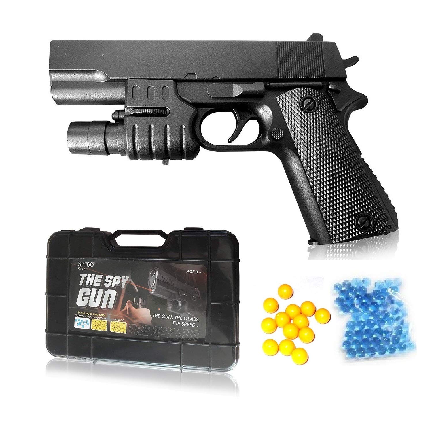 2in1 Police Pistol BB Bullet Gun Toy - Air Pistol Suitcase Mouser Gun with 6mm Bullets & Water Jelly Bullets - with Laser Target for Kids Glock Mouser Revolver Toy Gun - Black