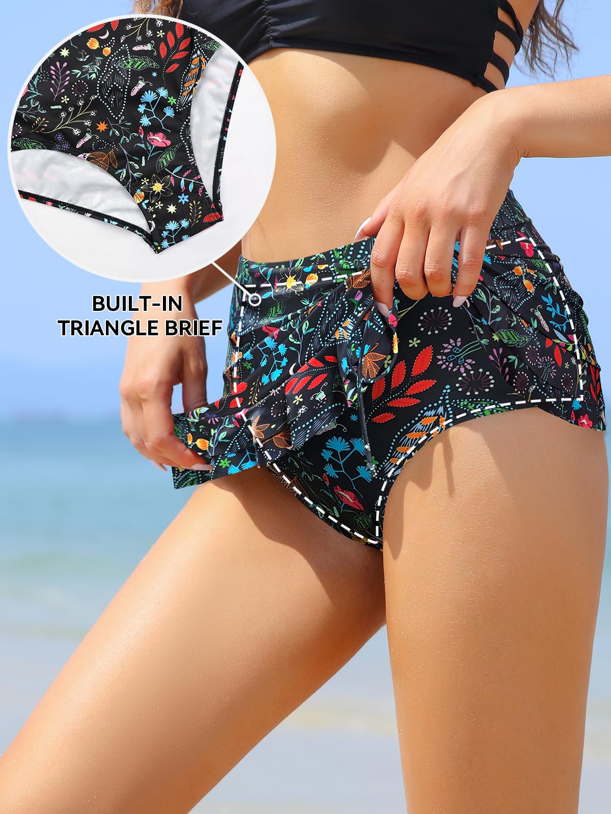 SHEKINI Traje de Baño para Mujer Elegante Ruched Bikini Falda Corta Incorporada Pantalones de Bikini Deportivo Verano Falda de Baño con Cordón de Playa — view 3