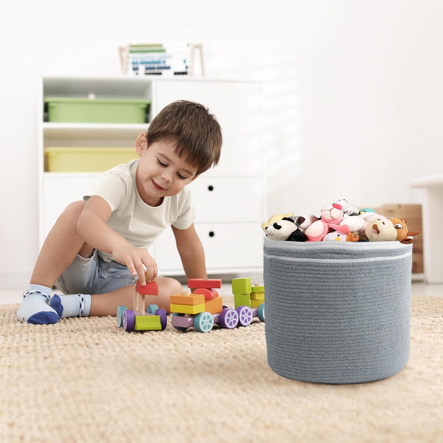 Eco-living Recycled Cotton Rope Storage Cube Basket, Plant Basket Multi-Purpose Woven Cube Storage Organizer/Shelves, Closet Storage Bins, Nursery Kids Room Organizer 11 Inch Set of 3 - Gray