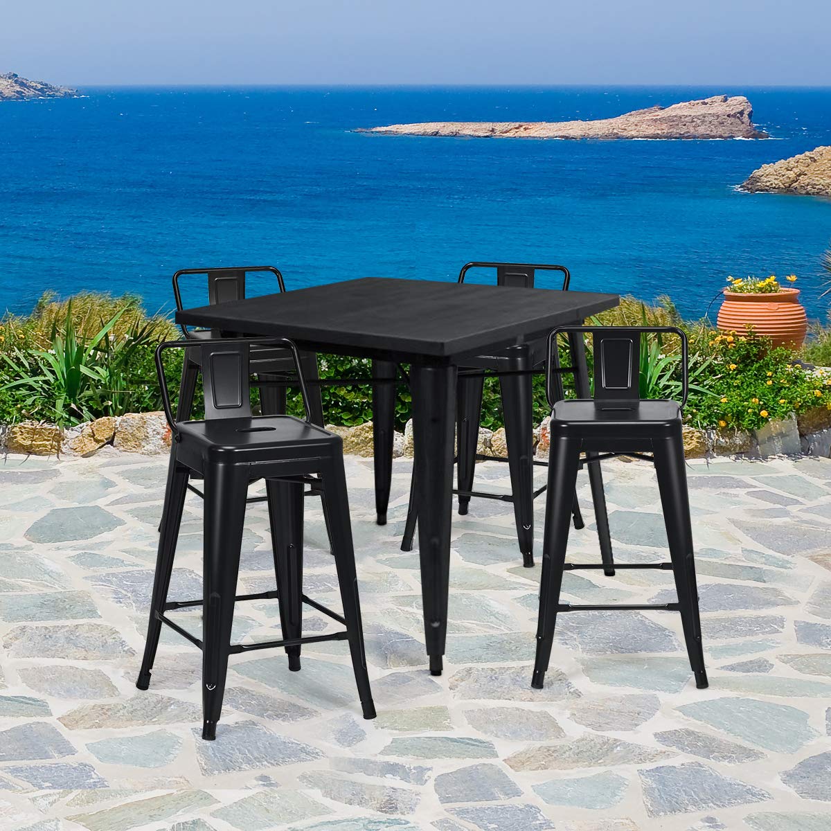 COSTWAY Set di 4 Sgabelli da Bar da 62 cm, Impilabile Sedie da Cucina Alto, in Metallo, con Schienale Rimovibile, Poggiapiedi, Design Industriale (Nero)