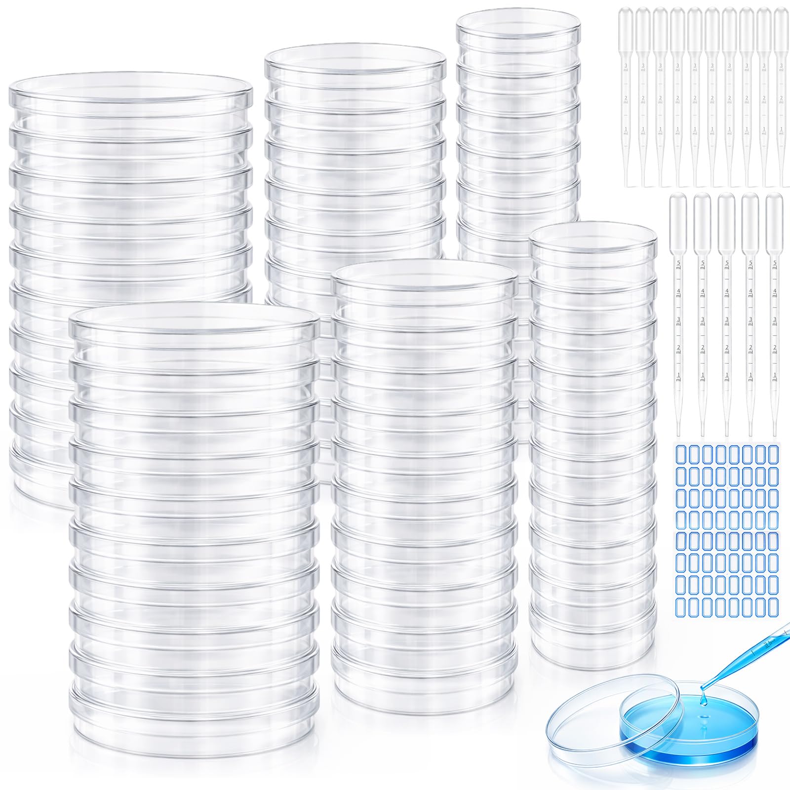 60 ciotole di Petri in plastica, 35 mm, 60 mm, 90 mm, con pipette di trasferimento e adesivi, ciotola di Petri trasparente con coperchio, ciotole da laboratorio per progetti di scienza e cultura di