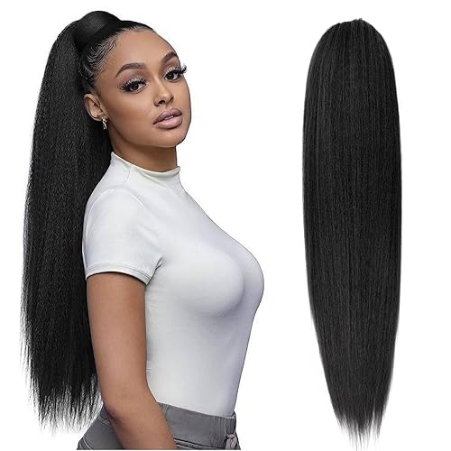 Long Black Yaki Straight Drawstring Ponytail for Black Women 26inch