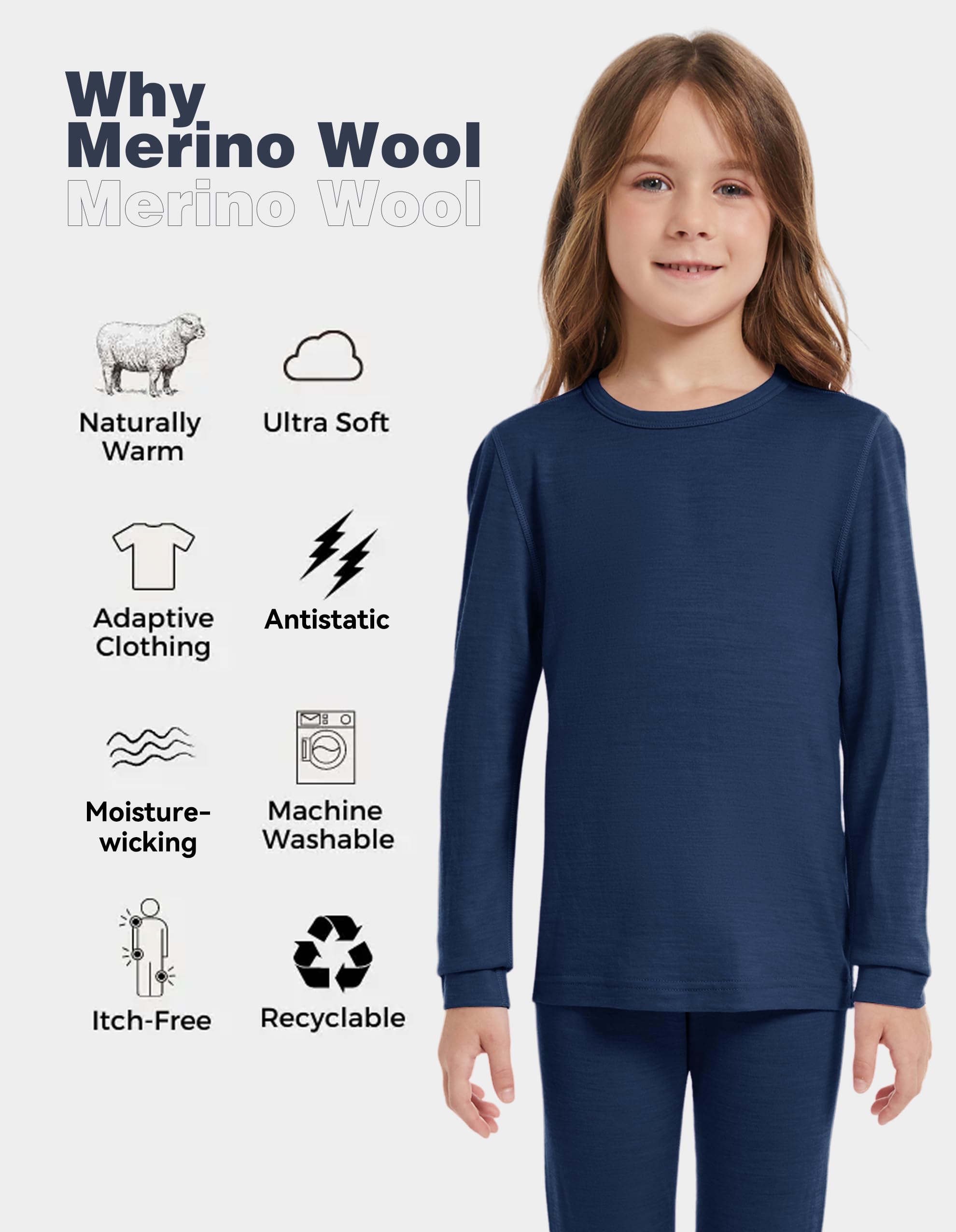 Haut Thermique Enfant 100% Laine Mérinos, Haut à Manches Longues Chaud pour Garçons & Filles, Ski & Activités Hivernales