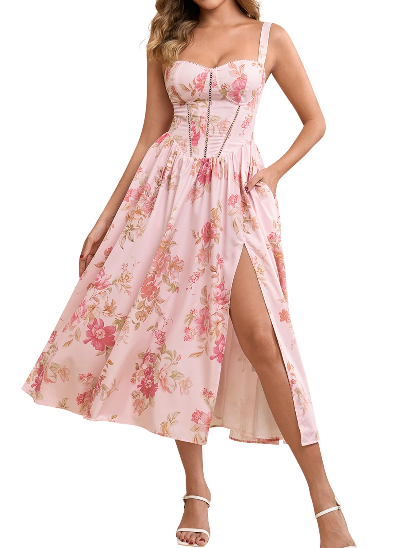 KUTUMAI Summer Floral Corset Midi Wedding Guest Dresses for Women | Slit Flowy Sundress with Pockets, Idea for Garden Tea Party Engagement Bridal Shower Fancy Cottagecore Milkmaid