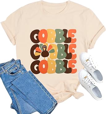 Thanksgiving Shirt for Women Gobble Turkey Graphic T-Shirt Casual Fall Tops