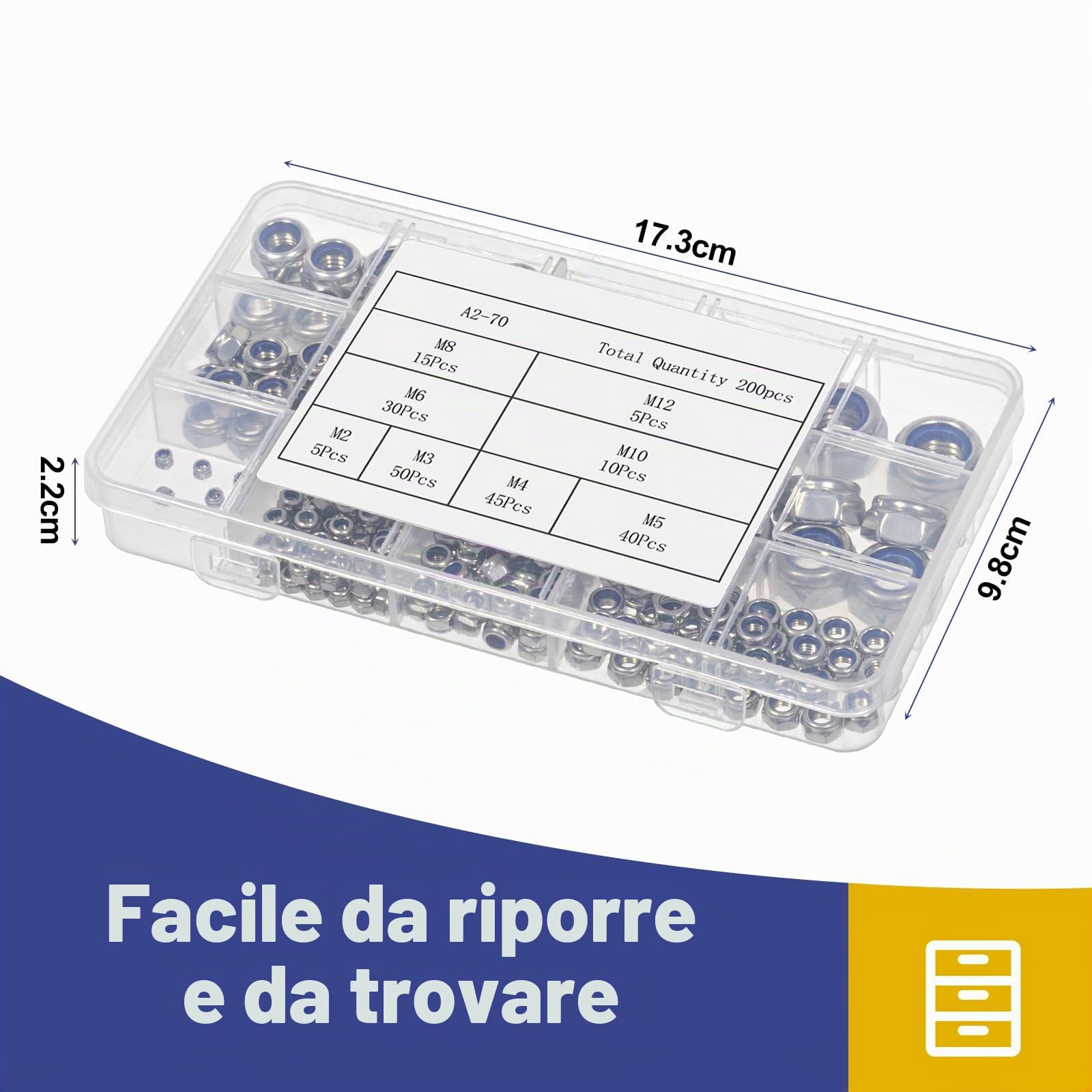 200 pezzi dadi autobloccanti, dadi di bloccaggio in acciaio inox A2-70, set di 8 dadi di dimensione: M2, M3, M4, M5, M6, M8, M10, M12.