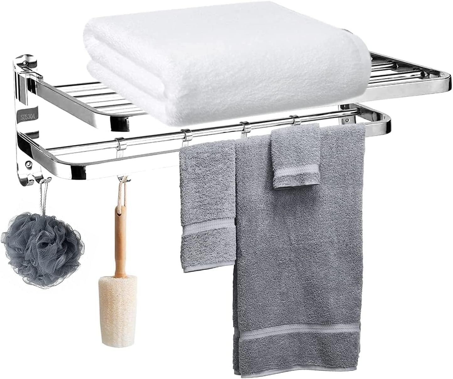 Bathroom Towel Rack Wall, Folding Towel Bars Wall Mount Holder, Towel Shelf with Two-Tier Architecture, 5 Removable Hooks and Adjustable Towel Bar, Stainless Steel Towel Rack for Bathroom
