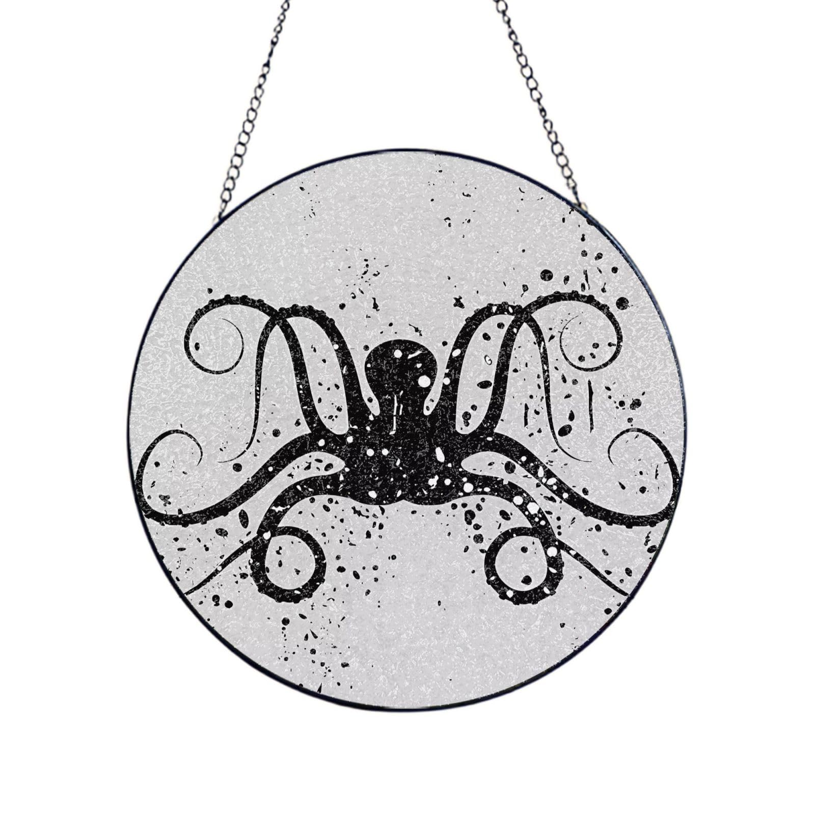 Phayah Octopus Print Glass Window Hanging Round Suncatcher Glass Ornament Garden Wall Fence Decorations Indoor Outdoor 12in（30cm）