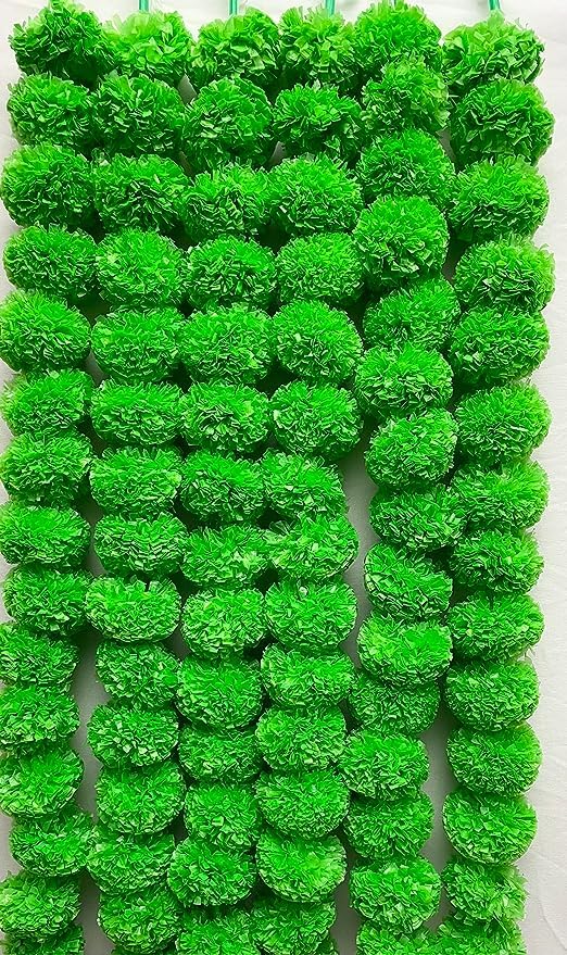 A.kash Collection Artificial Marigold Fluffy Flowers Garlands for Decoration - Pack of 5 (Green, 5)
