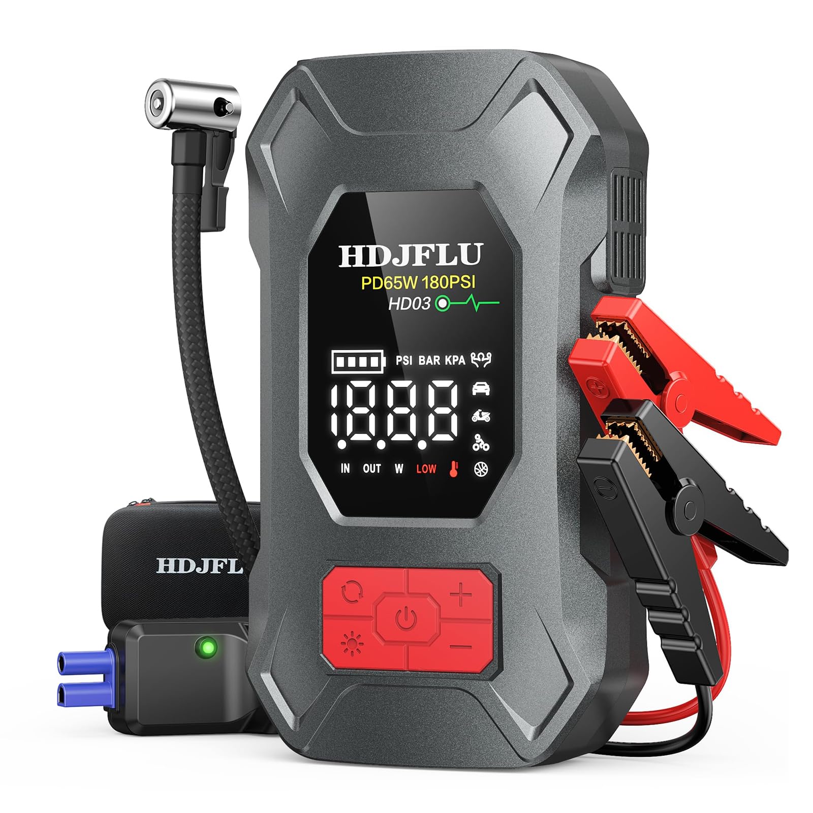 7500A con compressore d'aria da 180PSI, ricarica rapida da 65W, batteria portatile per auto da 24000mAh, gonfiatore di pneumatici da 12V (per benzina e diesel fino a 10L), luce LED