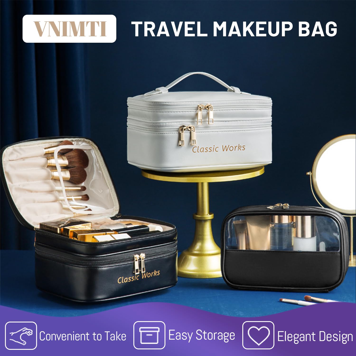 VNIMTI Makeup Bag for Women, Double Layer Travel Toiletry Bag Set, Large Cosmetic Organizer with Small Toiletry Bag, Portable Makeup Pouch with Brush Slot And Divider, PU Leather, White