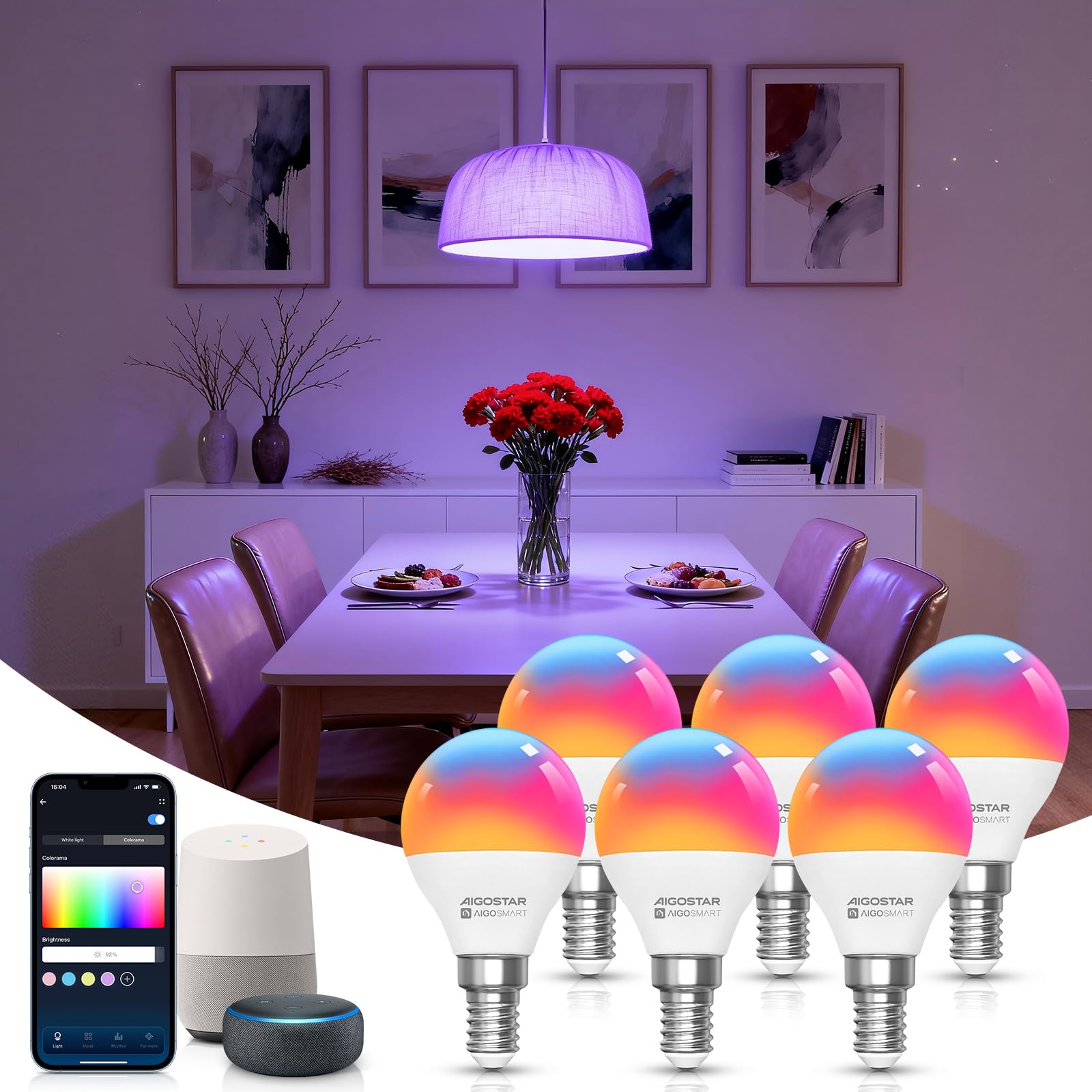 Aigostar Bombilla Inteligente, Bombilla Wifi G45 E14 6.5W, Bombilla Led Inteligente RGBCW Compatible con Alexa/Google Home, No se Requiere Concentrador. Control Remoto,Control De Voz, 6 Unidads.