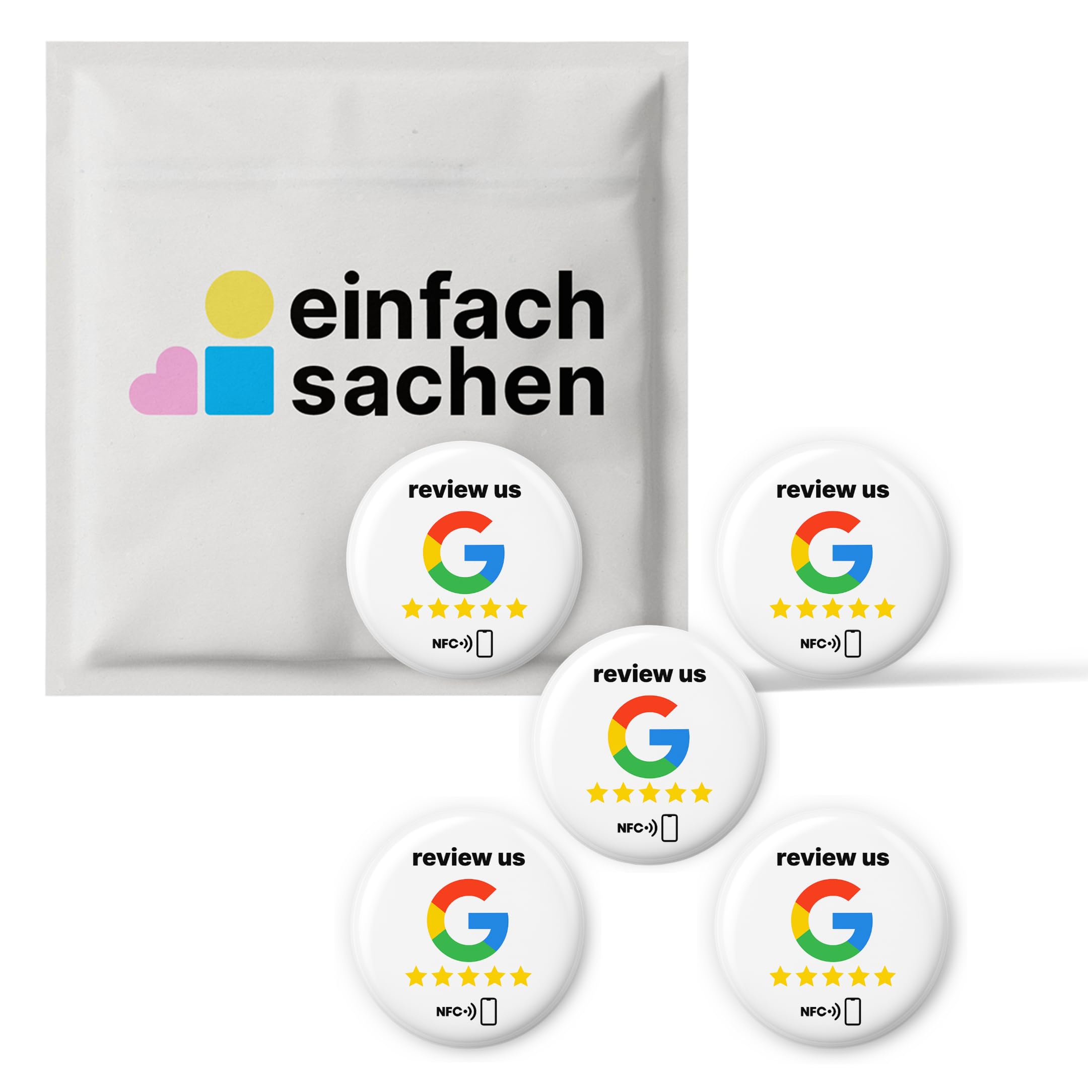 Einfachsachen White 5 X Google Nfc Stickers - "Review Us" - Self-Programmable & Reusable - 3 Cm Diameter - Boost Ratings With One Tap - Universal, Contactless, No App Required - Perfect For Pos, Shops & Services