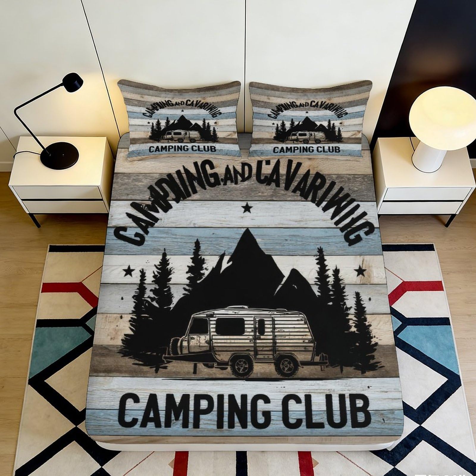 3D Printed Camping Club Fitted Sheet Microfiber Soft Breathable Caravan Bed Cover with Mountain and Forest Design for Bedroom Dormitory Guest Room 140x200x25cm