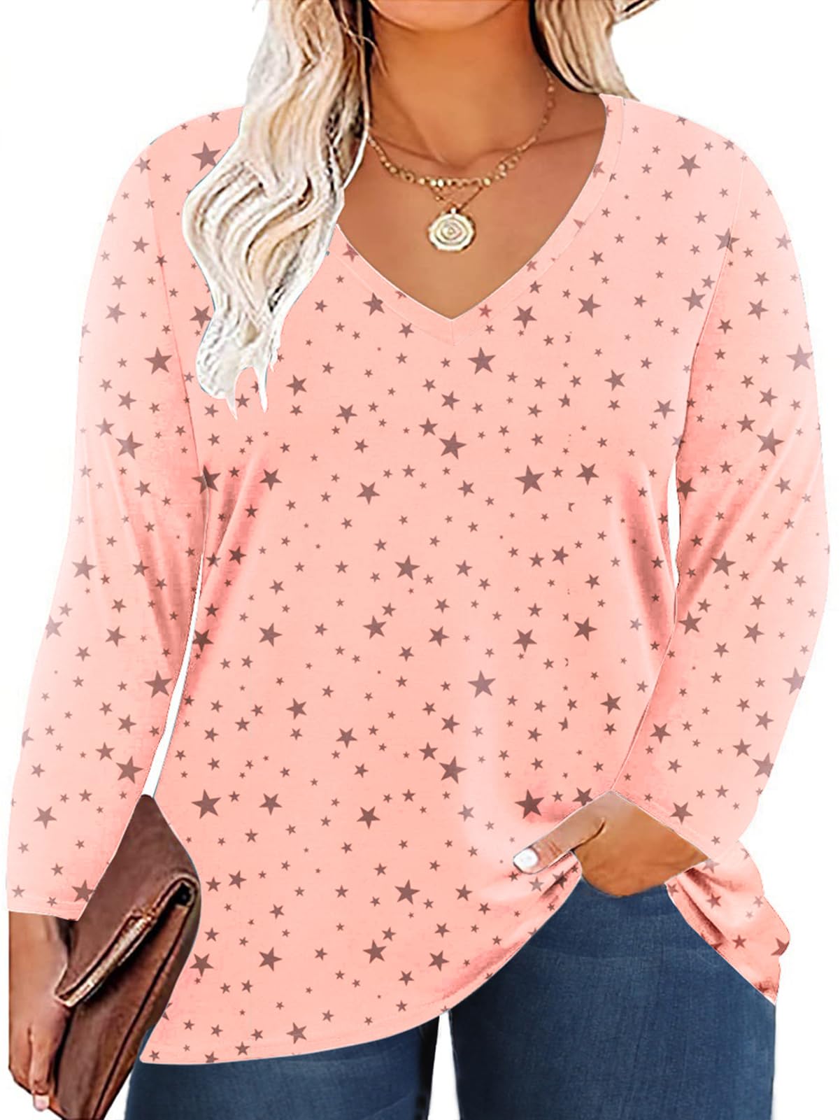 ForHailey Women's Plus Size Tops Long Sleeve Tee Shirt V Neck Basic Ladies Loose Fit T Shirt