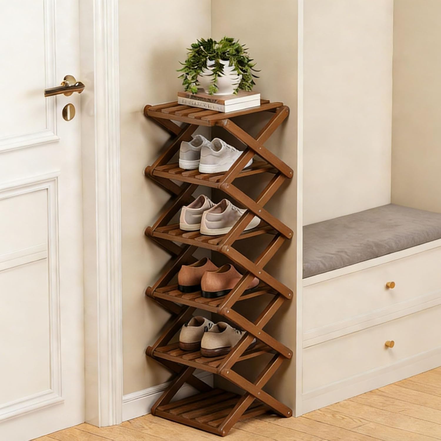 The 3/6/9-Tier No-Assembly Bamboo Rack, Folding Bamboo Shoe Storage Rack, Foldable Vertical Slim Tall Narrow Storage Organizer, Freestanding, Space-Saving for Entryway (#White,9 Layer)