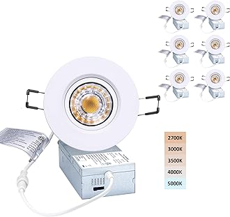 POPANU Canless Recessed Gimbal Downlight Rotatable-Spotlight 5 CCT 3 Inch Eyeball Ceilling Potlight, Dimmable Recessed Lights Fixture with Junction Box, 8W CCT Adjustable, White Round Trim, 6 Pack