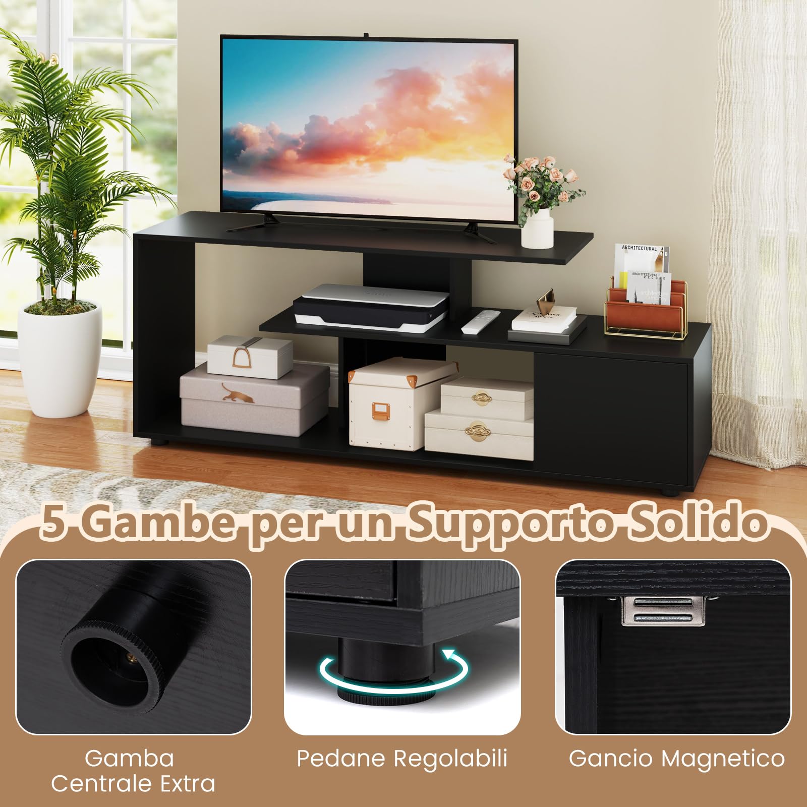 COSTWAY Mobile Porta TV, per TV Fino a 55'', Console Media a 3 Ripiani Asimmetrici con Ripiani di Stoccaggio e Armadietto, Mobile TV con Cassetto, 5 Gambe di Supporto (Nero)