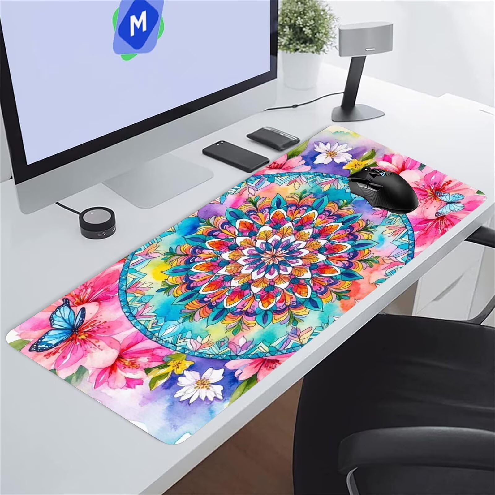 Grand Tapis de Souris XXL Mandala Papillon 800 x 400 x 3mm, Tapis de Bureau Gamer avec Bords Cousus et Base Antidérapante pour Haute Précision et Vitesse