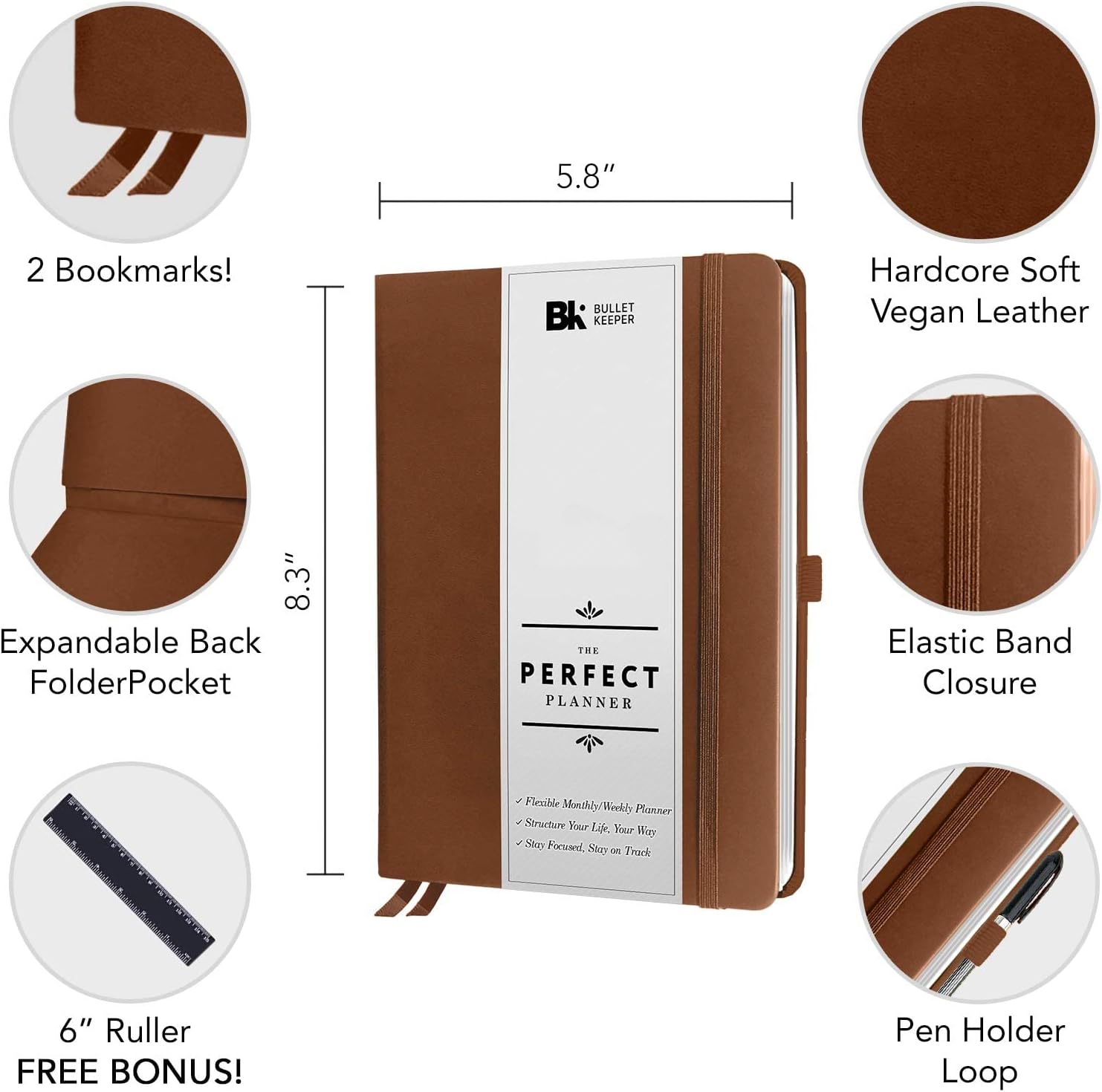 BK UNDATED Yearly Weekly/Monthly Planner 2026-27 Daily Planner Agenda & Personal Organizer to Increase Productivity, Academic Planner w/Sticker Set. A5 (5.8 x 8.3) - Brown Hardcover image 2
