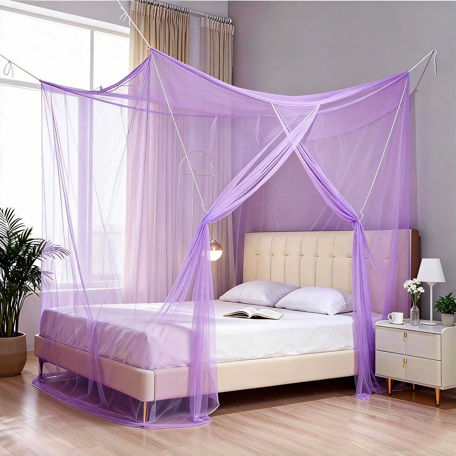4 Corner Post Mosquito Net for Twin Size Bed, Loft Dormitory, Single Opening Bed Canopy Curtains, Travel Camping Mosquito Netting for Insect Protection, Easy Install