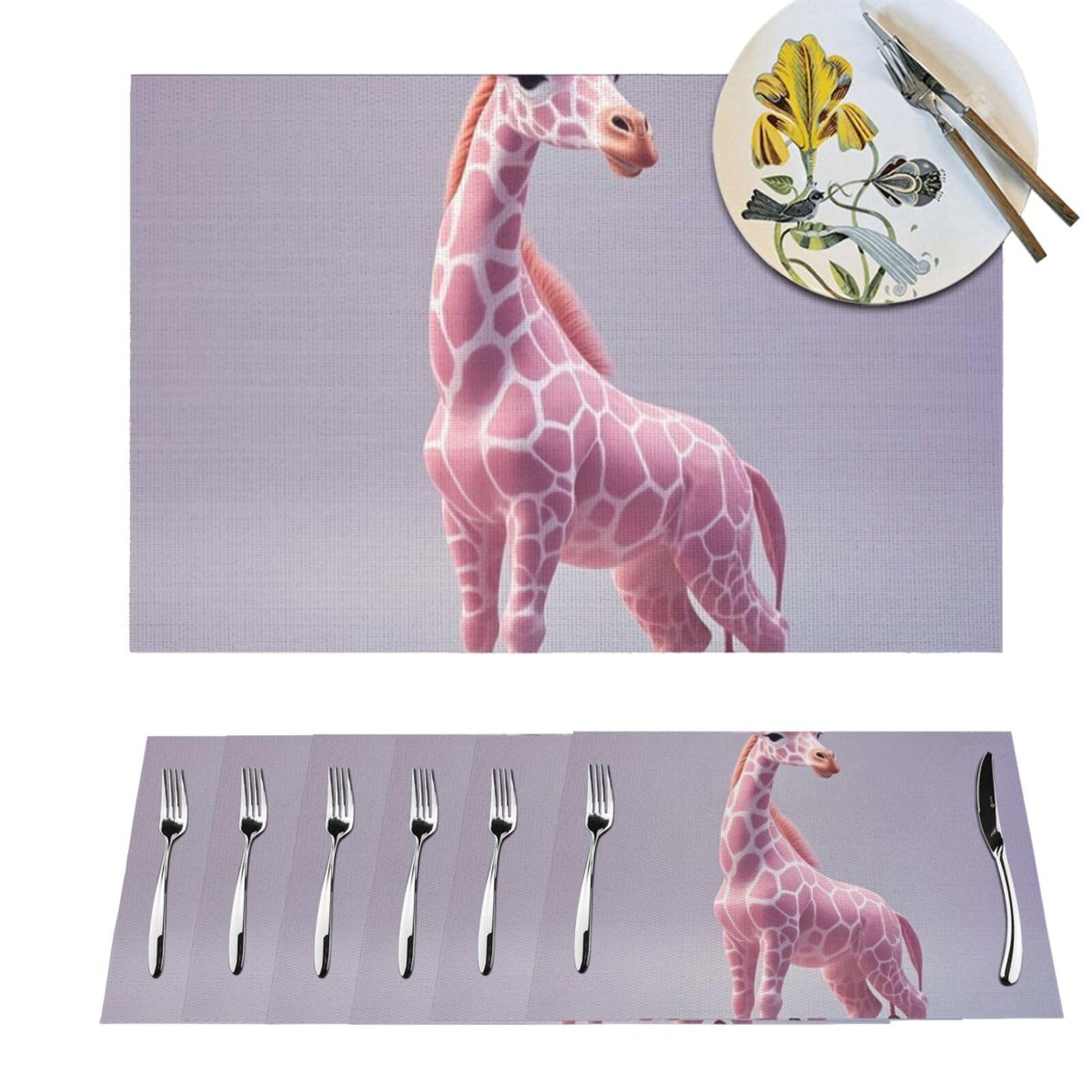 Set de table lavable en PVC motif girafe rose pour salle à manger et cuisine, lot de 6 pièces