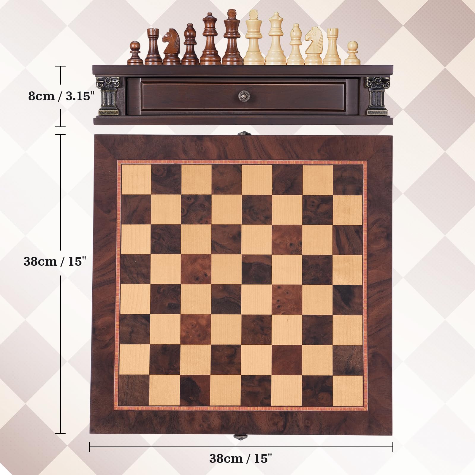 Peradix Zestaw szachowy magnetyczny z 2 wbudowanymi szufladami do przechowywania, 38 cm drewniana plansza do gier strategicznych, 2 dodatkowe hetmany, luksusowe szachy magnetyczne dla dorosłych, gry