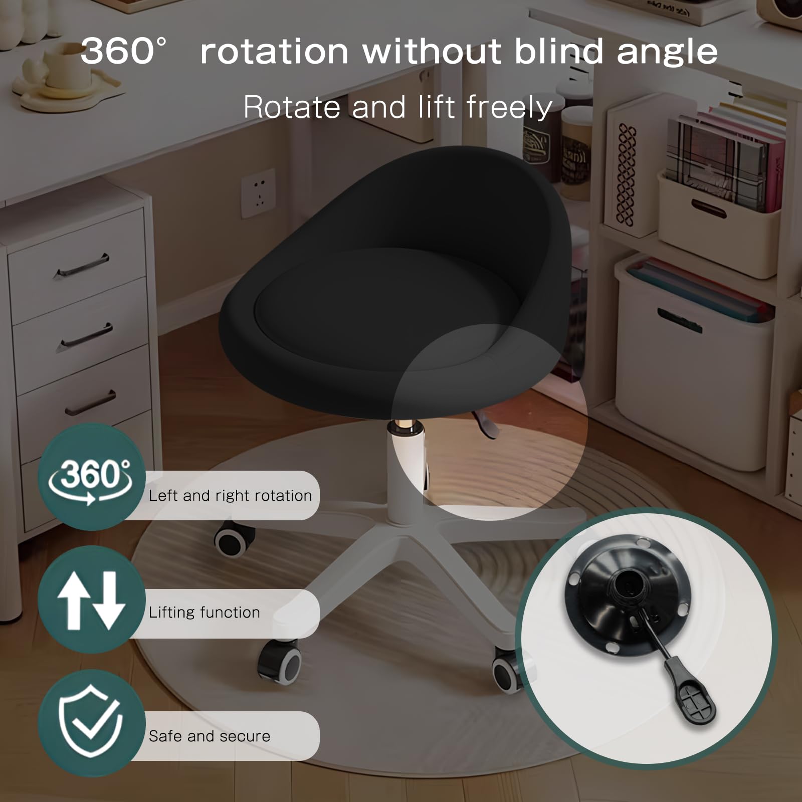 Rolling Stool with Adjustable Height, 360° Swivel and Padded PU Leather Seat