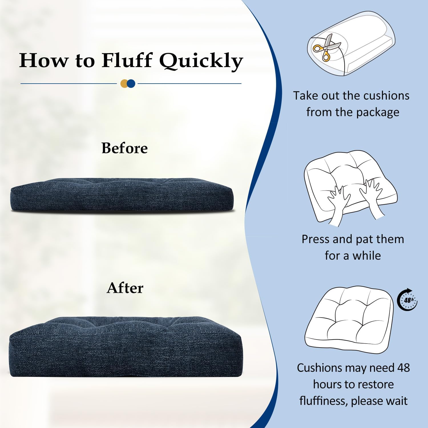 downluxe Chair Cushions for Dining Chairs 2 Pack, Tufted Indoor Chair Pads with Non-Slip Bottom, U-Shaped Kitchen Chair Cushions, 17"x17"x4", Navy
