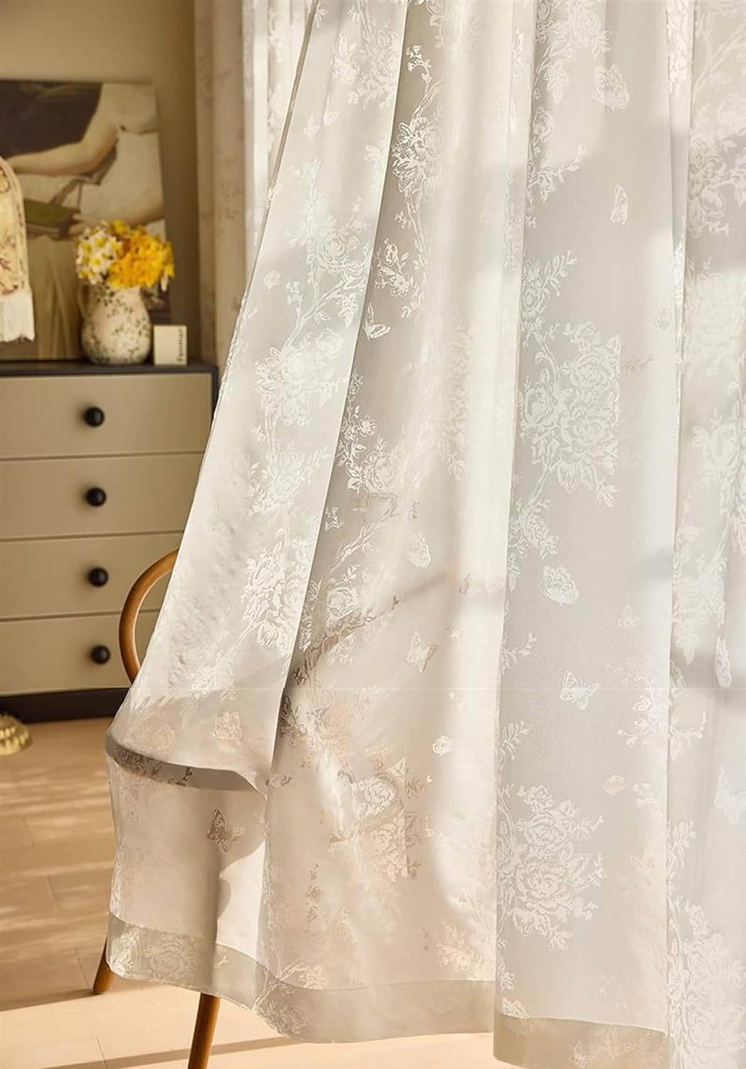 Sheer Voile Curtains 2 Panel Set 84 inch Long, Transparent Curtains Eyelets Solid Color Butterflies and Flowers Texture Window Treatments for Bedroom Living Room White, 38 x 84 Inch