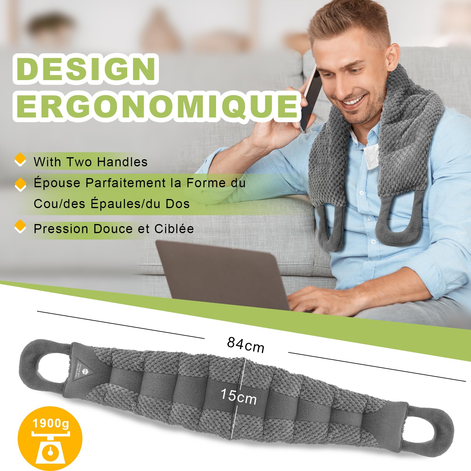 uncn Longue Coussin Chauffant du cou Cervicales Micro Onde 84×15CM, Bouillotte Micro-Onde, graine de lin,noyaux cerises,grande poche chauffante nuque epaule et dos,ventre