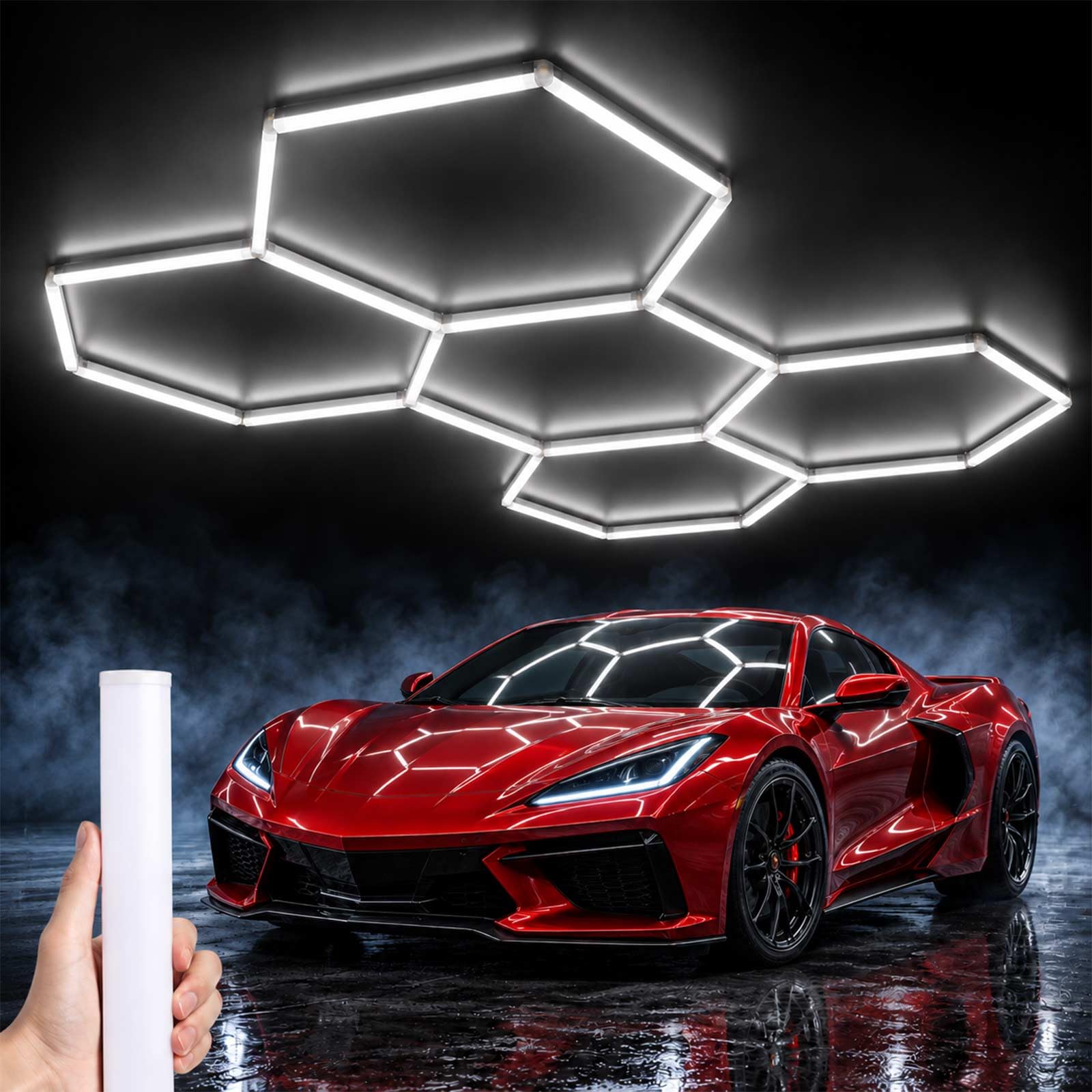 DragonLight Hexagon LED Ceiling Lights, 192W 5 Grids DIY Honeycomb Hex Light, 6500K Super Bright Ceiling Shop Lights for Garage, Car Detailing, Workshop, Barber, Gym, Office, Studio [25 Pack Tubes]