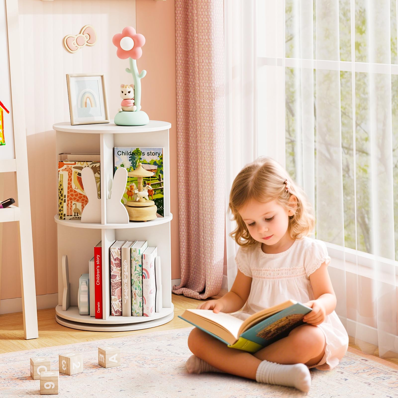 COSTWAY Bibliothèque Enfant Rotative à 360°à 2 Niveaux avec 8 Compartiments Ouverts, Étagère à Livres avec Cloisons en Forme Lapin, Patins Antidérapants pour Chambre d'enfant Salon (Blanc)