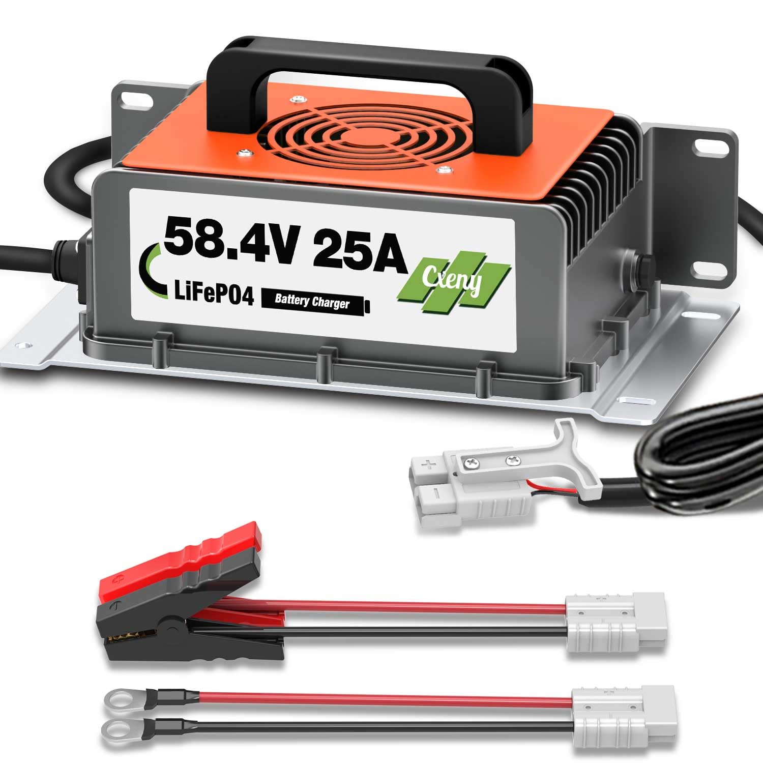58.4V 25A LiFePO4 Battery Charger for 48V Lithium Iron Phosphate Batteries, Auto-Stop Smart Charger with Alligator Clips & Anderson Connector