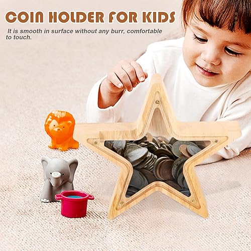 Miniatura 7 de Zerodeko Hucha de madera para el hogar, alcancía para adolescentes, con forma de estrella, alcancía transparente para niños y niñas, bebé, primera