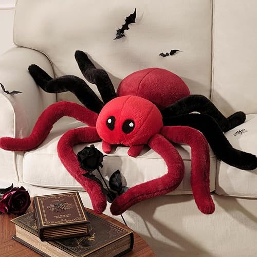 Phantoscope Happy Halloween Spider Shaped Throw Pillow, Faux Fur Fluffy Tarantula Shaped Halloween Cushion Pillow Contrast Color with Shapeable Legs, for Bedroom Sofa, Red, 18 x 9.5 inches - Red Spider