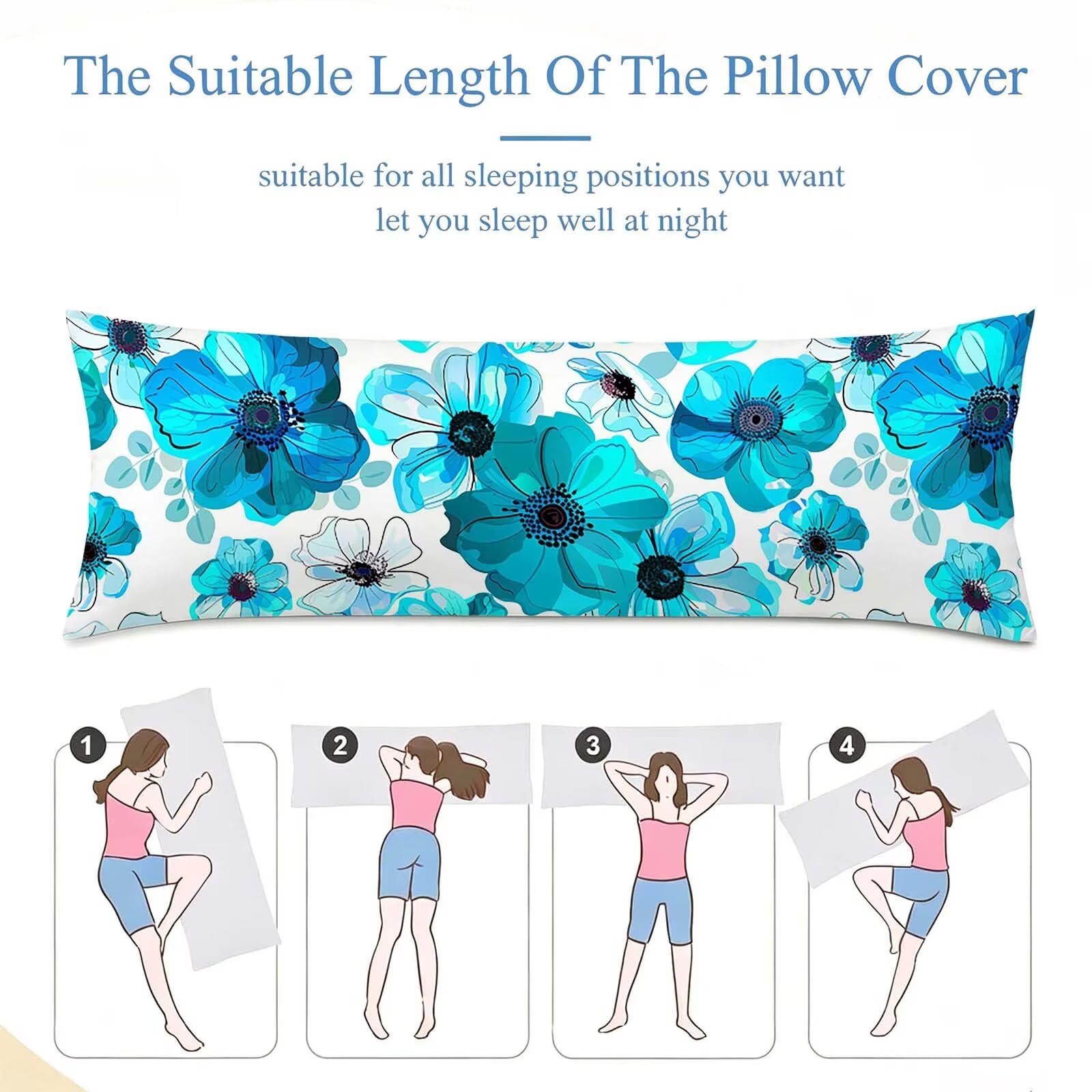 Fodera Cuscino 55 x 160 cm, Blu-11 Velluto Copricuscini Letto, | con Invisibile Cerniera, Morbida e Traspirante, per biancheria da letto, divano, hotel, chi dorme sul fianco Fiore-2 j-333