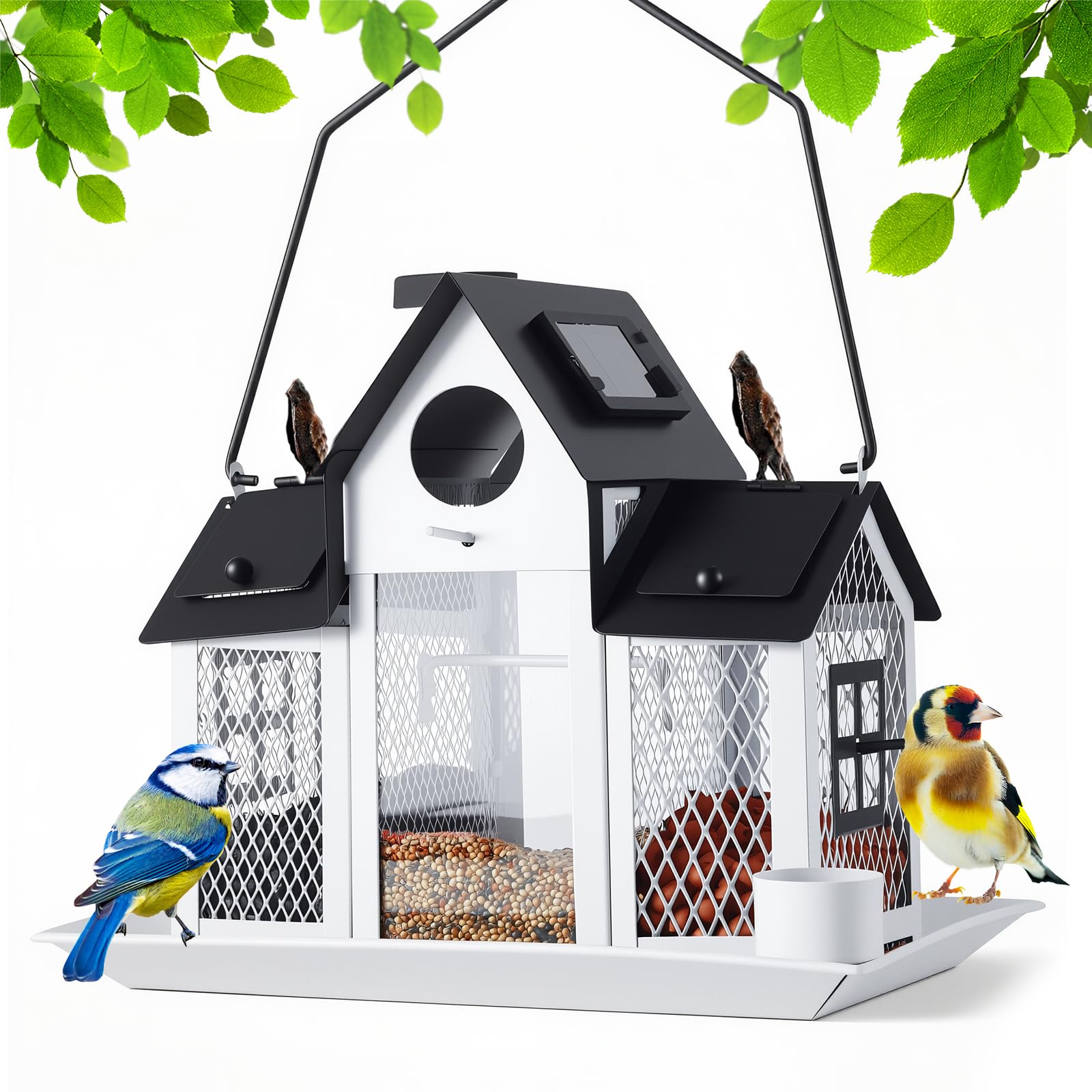 WuJiLiving Solar Metal Wild Bird Feeder for Outdoor Garden, Weather-Resistant House Design with Water Bowls & Drain Tray, Large Capacity, Giftable Packaging (White BirdDecor)
