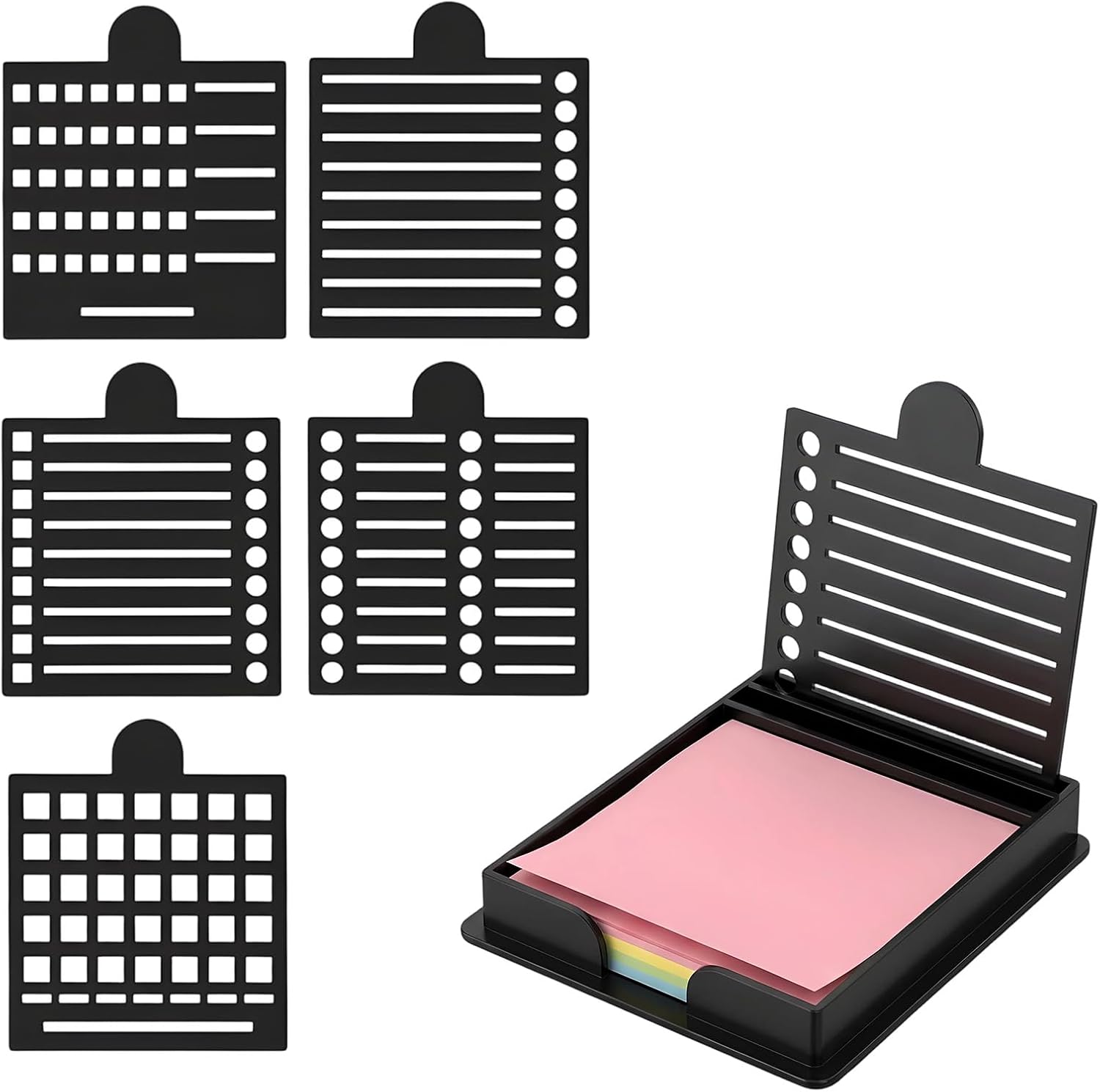 Sticky Note Holder with 5 Interchangeable Stencils, 3x3 Inch Sticky Note Stencil, Reusable Notes Organizer Case, Desk Versatile Notes Dispenser for Office Desk Home Organization Planning List