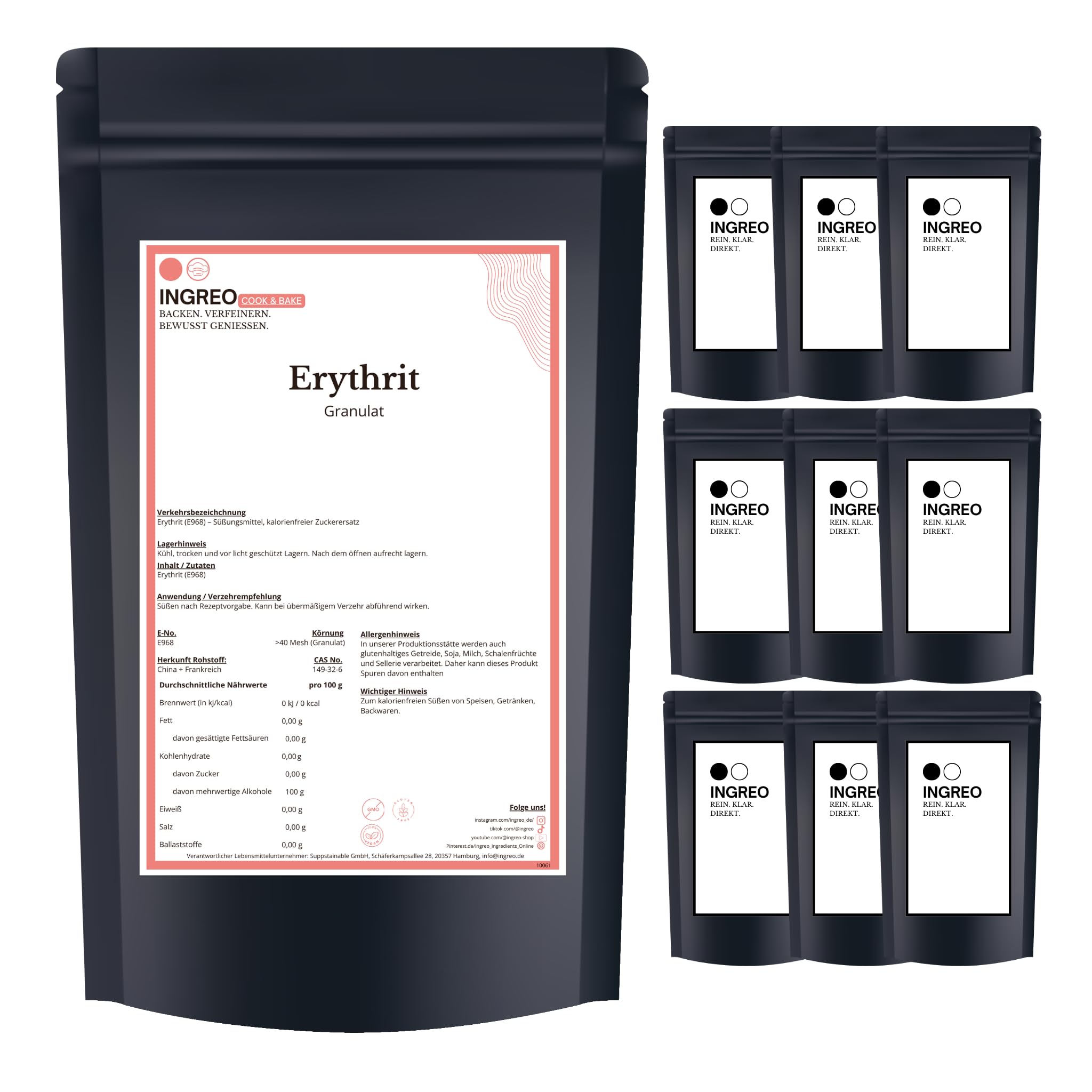 10kg (10x1kg) Erythrit Pulver 100 % natürlicher Zuckerersatz Kalorienfrei, zahnfreundlich, keto-geeignet Ohne Zusätze abgefüllt in Hamburg erythritol Zuckerersatz eritrith zucker eritritol