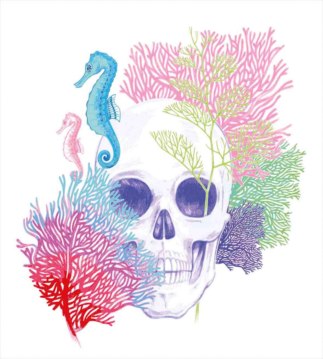 Ambesonne Animal Duvet Cover Set, Halloween Skull Skeleton Head Coral Reef Dead Aquarium Pirate Wildlife Image, Decorative 3 Piece Bedding Set with 2 Pillow Shams, Queen Size, Blue