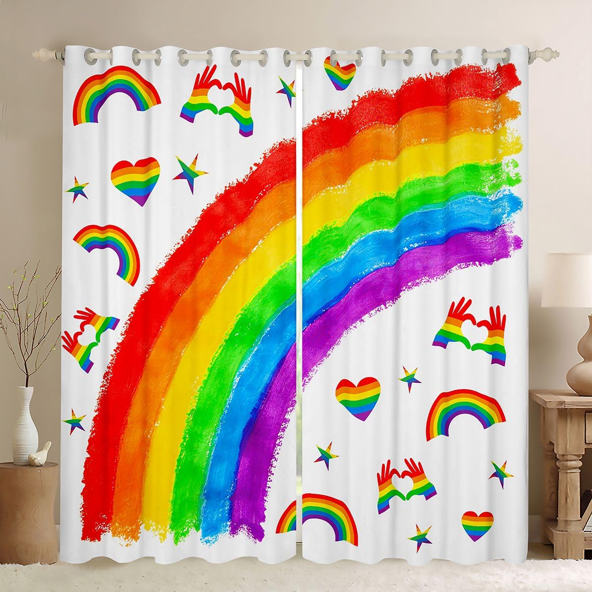 Homewish Tęczowe zasłony okienne, 117 x 183 cm, 2 zestawy paneli – miesiąc dumy lipca, zasłony zaciemniające, tęczowe, LGBT, kolorowe zasłony okienne, romantyczna miłość serce do sypialni