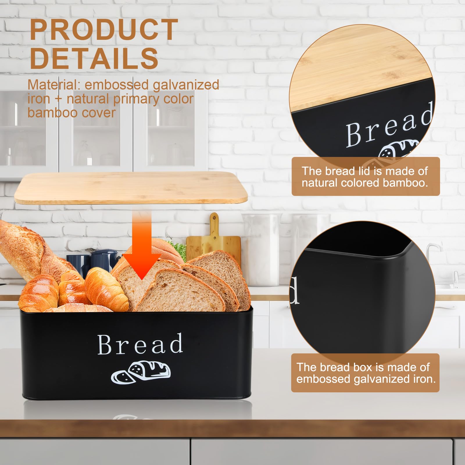 Joyan Panera Metálica con Tapa de Bambú y Bolsa de Algodón - Caja de Pan de Diseño Moderno con Ventilación para Mayor Frescura - Paneras para Guardar el Pan y Bollería en la Cocina