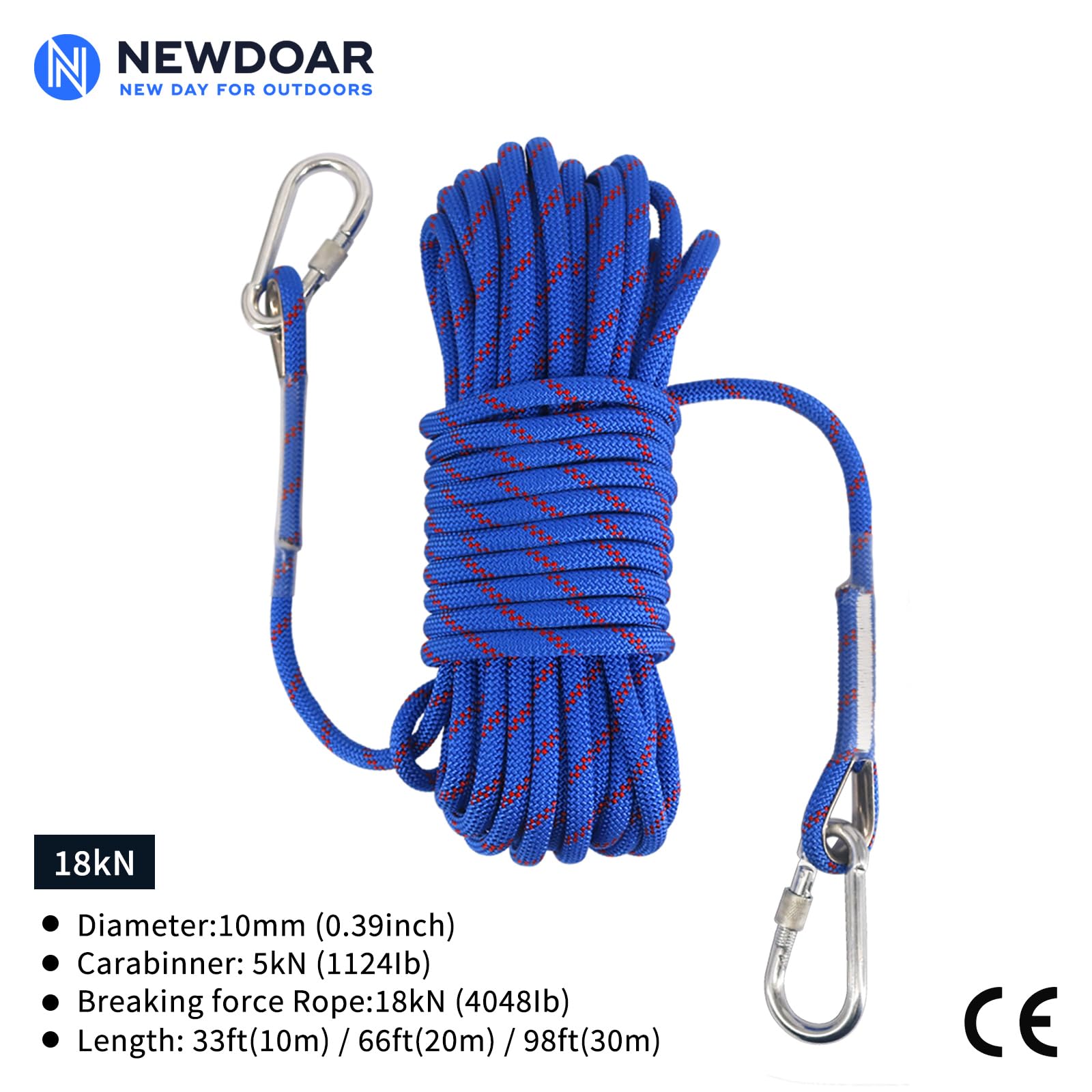 NewDoar Climbing Rope 8(5/16in),10mm (3/8in), High Strength Accessory Cord Rope with 2 Steel Hooks, for Outdoor Rescue Rappelling Rope Down Cliffs ledges Safety Escape Tow Strap Equipment(Blue)