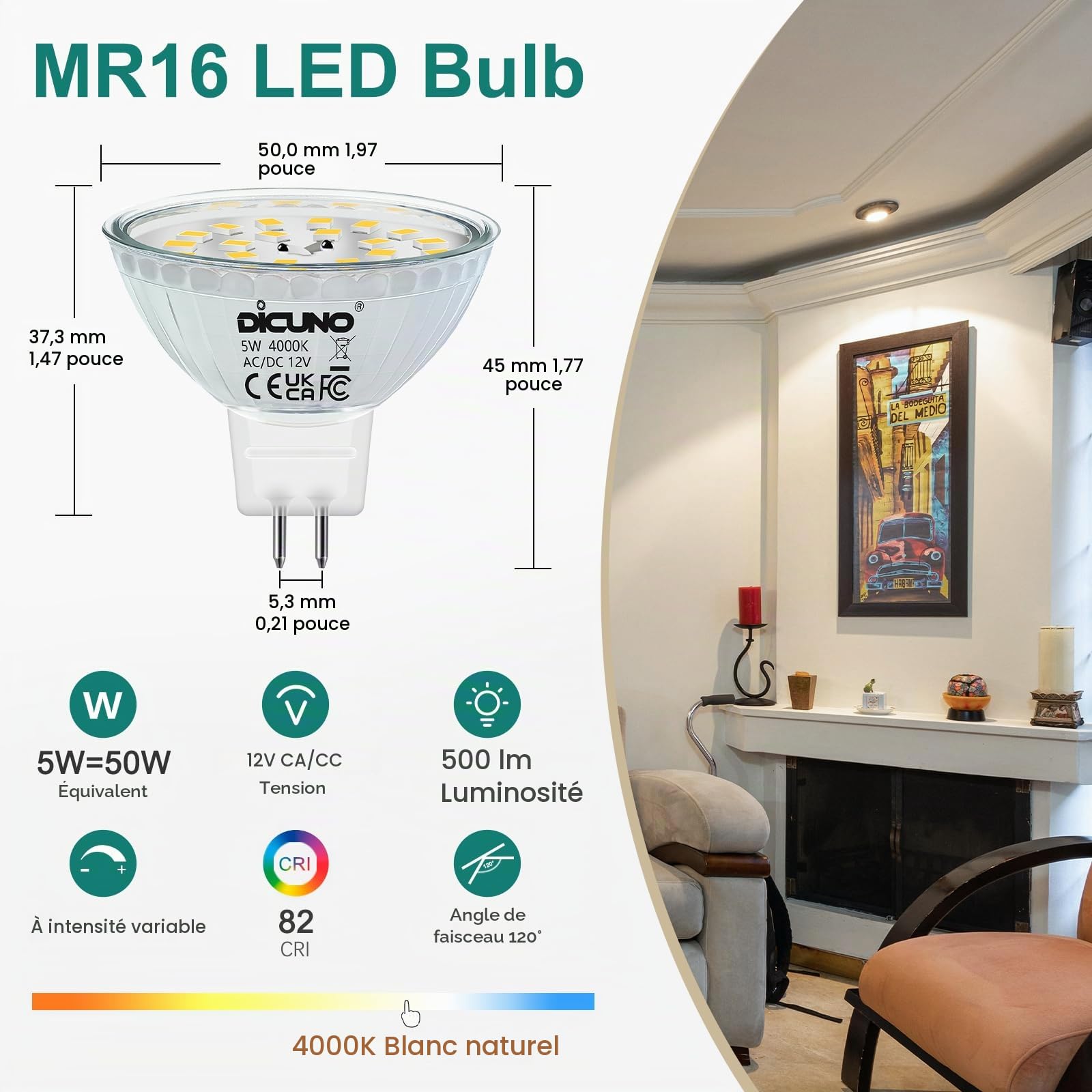 DiCUNO Ampoule LED GU5.3 MR16 Dimmable, 5W=50W, 4000K, 500lm, Lot de 10