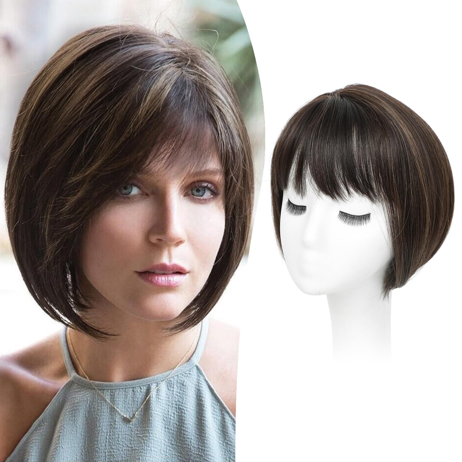 Flyroseing Short Bob Hair Topper with Bangs Side Part